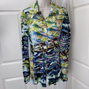 Alberto Makali Multi Color Crinkle Pleat Button Tunic Length Blouse Top Long S